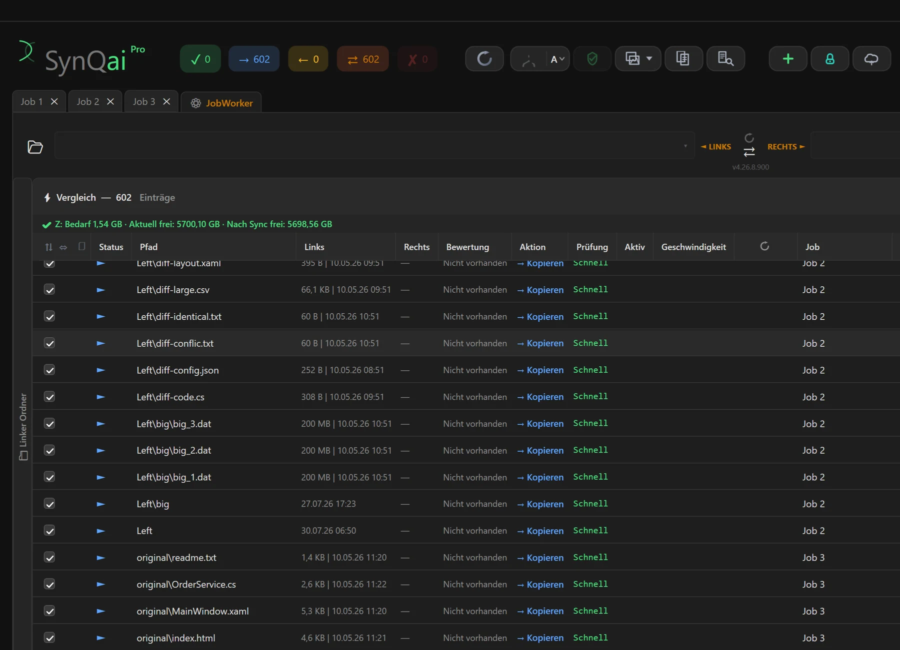 Screenshot 20: Vergleichsliste mit beschrifteten Spalten (Status, Pfad, Links, Rechts, Aktion, Prüfung)