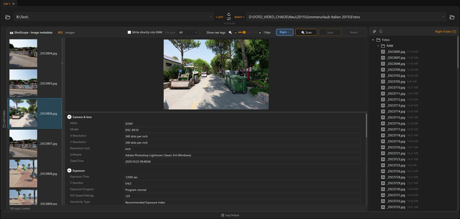 Screenshot 56: Overall ShotScope view: thumbnail list on the left, preview image on the right and the metadata sorted into groups (“Camera & lens”, “Exposure”, “Date & time” …)