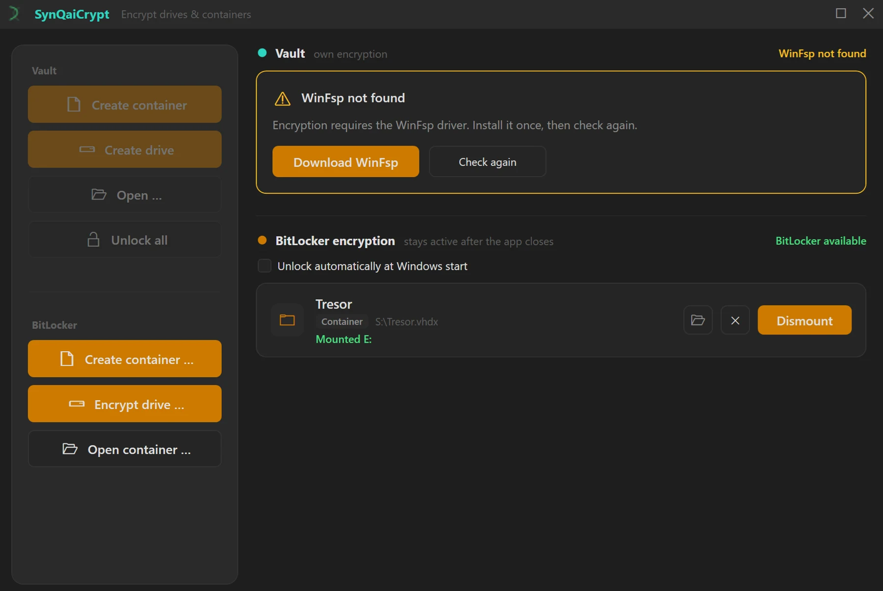 Screenshot 59: SynQaiCrypt window: the groups “Vault” and “BitLocker” on the left, the vault list on the right with one mounted entry (status “Mounted”) and one locked entry